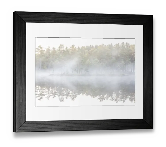 Framed Print : Moor landscape with lake in morning mist