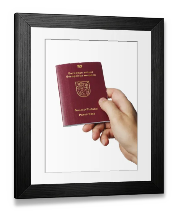 Framed Print : A Hand holding a new biometric Finnish passport Framed Print : A Hand holding a new biometric Finnish passport
