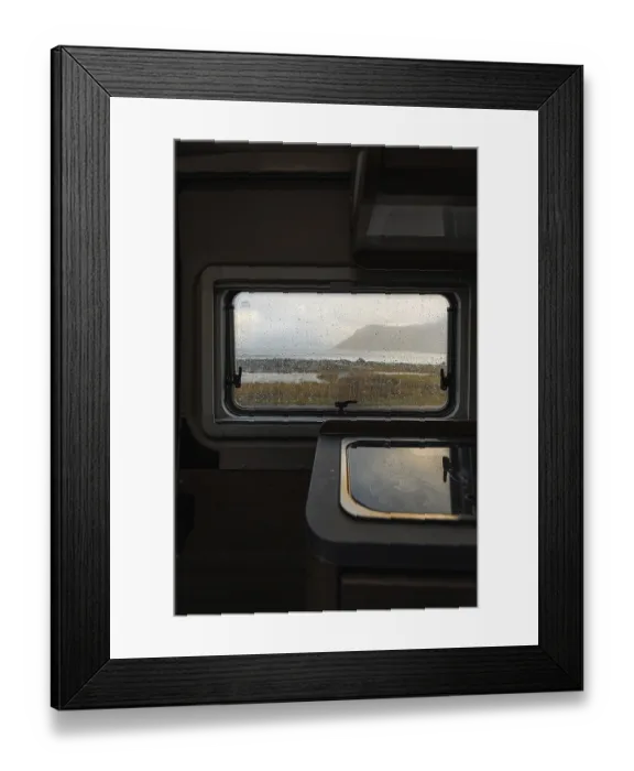 Framed Print : View from rainy campervan kitchen window on Flakstad beach