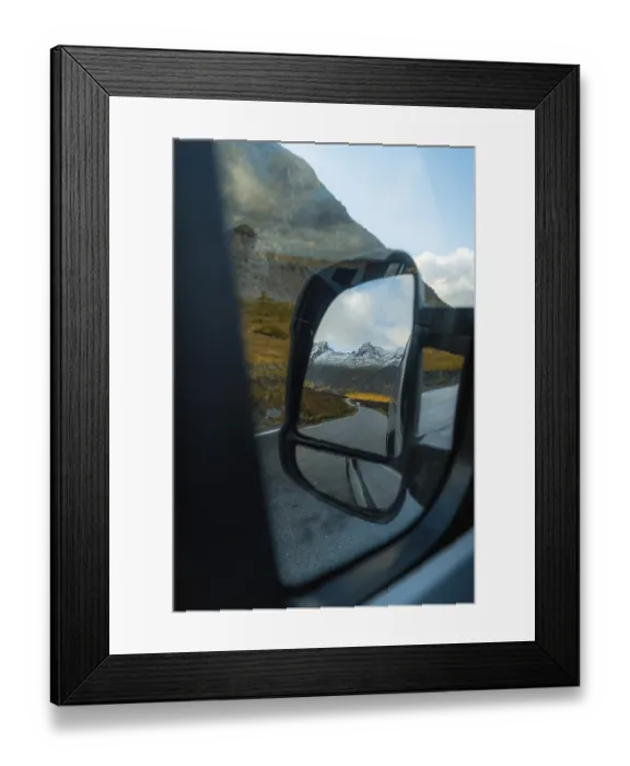 Framed Print : View of the fjord landscape through Campervan side mirror
