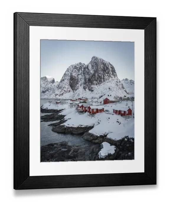 Framed Print : Rorbuer fishermen's cabins by the snowy fjord
