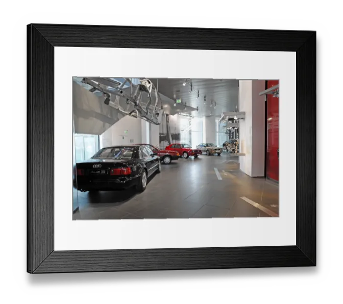 Framed Print : Museum mobile, Audi Museum, classic Audi cars lined up in a row in an automobile museum