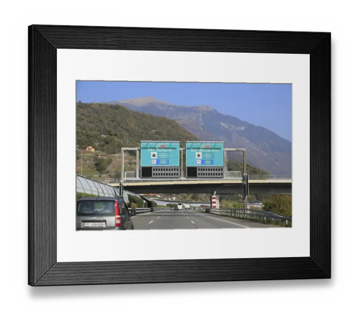 Framed Print : A2 E35 motorway near Bellinzona shortly in front of the junction to the Gotthard Pass or San Bernardino Pass A13 E43