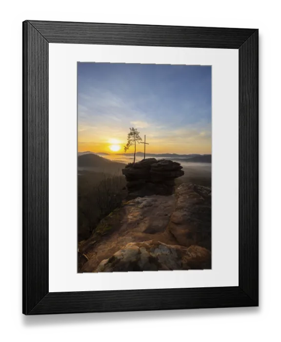 Framed Print : Sunrise with fog, peak with cross and tree on a sandstone rock Framed Print : Sunrise with fog, peak with cross and tree on a sandstone rock