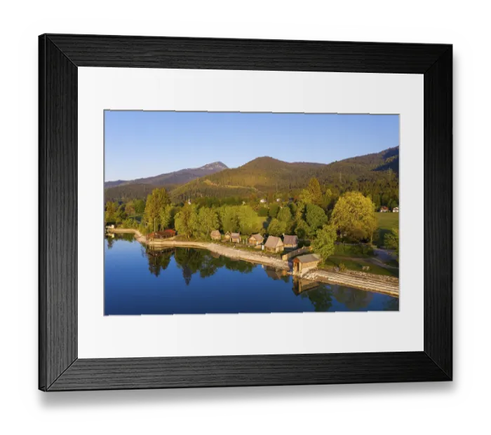 Framed Print : Viking village Flake at Lake Walchensee in the morning light