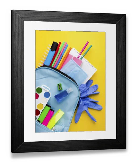 Framed Print : Flat lay school essentials with gloves backpack Framed Print : Flat lay school essentials with gloves backpack