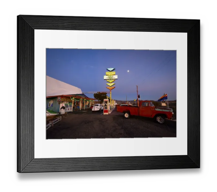 Framed Print : Historic rest stop and gas station with vintage cars