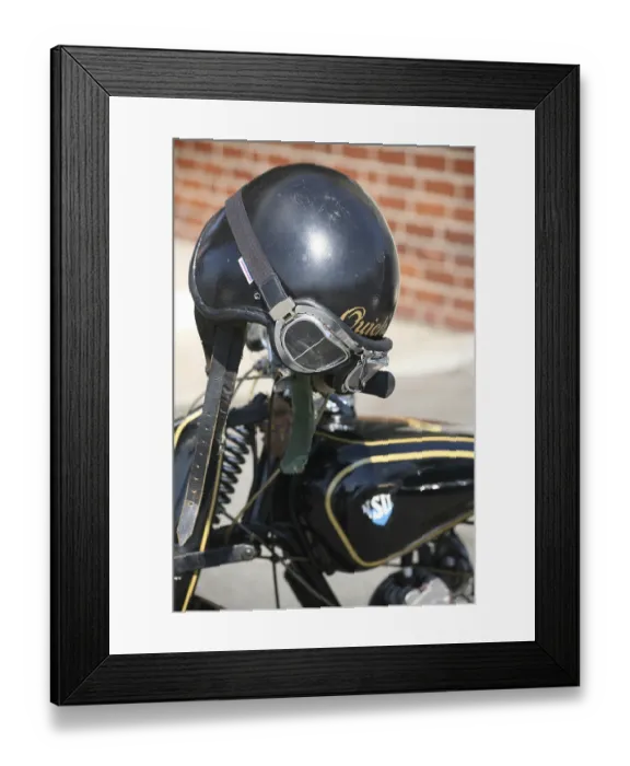 Framed Print : Crash helmet with goggles on an NSU motorbike Framed Print : Crash helmet with goggles on an NSU motorbike