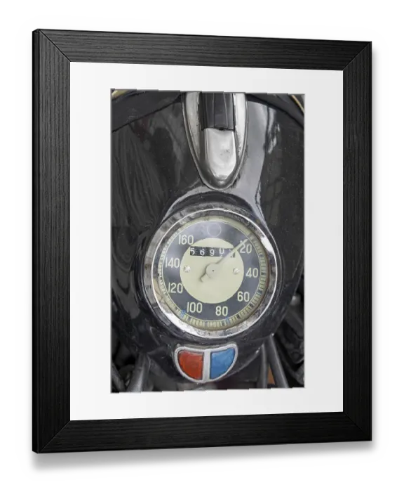 Framed Print : Classic vintage motorcycle speedometer at headlight Framed Print : Classic vintage motorcycle speedometer at headlight