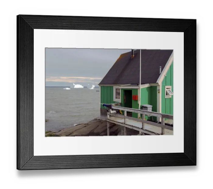 Framed Print : House and iceberg in bay, Qeqertarsuaq, Greenland