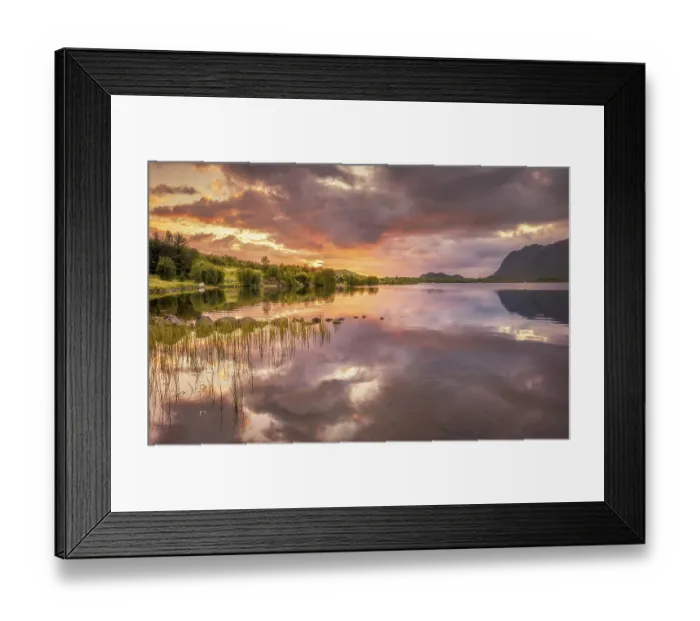 Framed Print : Calm atmosphere with pink clouds on the fjord in the midnight sun Framed Print : Calm atmosphere with pink clouds on the fjord in the midnight sun