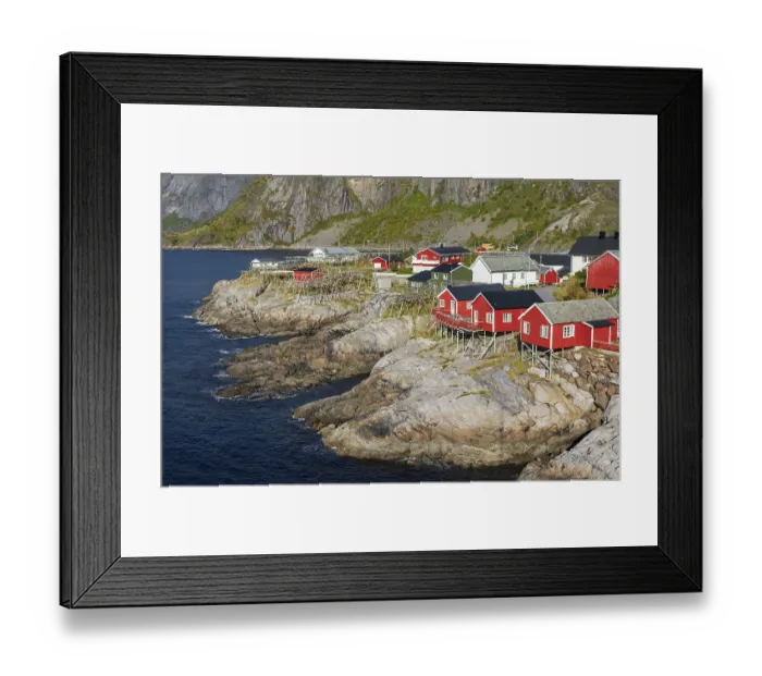 Framed Print : Red wooden houses Rorbu, Rorbu fishermen's cabins