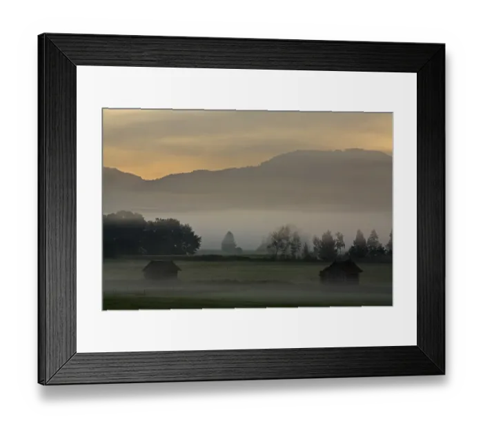 Framed Print : Cabins, fog-covered landscape, Bavarian pre-Alps