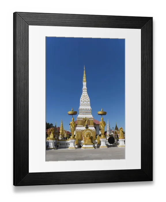 Framed Print : Chedi of Wat Mahathat Temple with Wheel of Life and golden Buddha figures