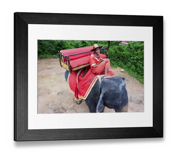 Framed Print : An elephant driver waiting for tourists at Angkor Wat Temple
