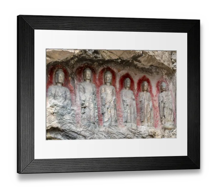Framed Print : Old Buddha statues in a cliff, Thousand Buddha Mountain Framed Print : Old Buddha statues in a cliff, Thousand Buddha Mountain