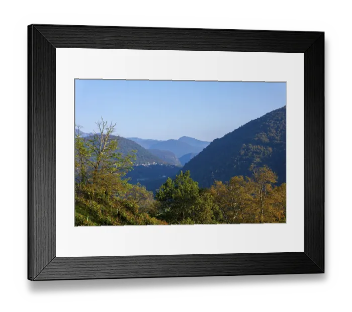 Framed Print : Beautiful Panoramic View over Mountain Range and Valley with Vineyard and with Sunlight