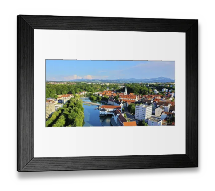 Framed Print : The Iller from above. Aerial view of the old town of Kempten with a view of the Alps