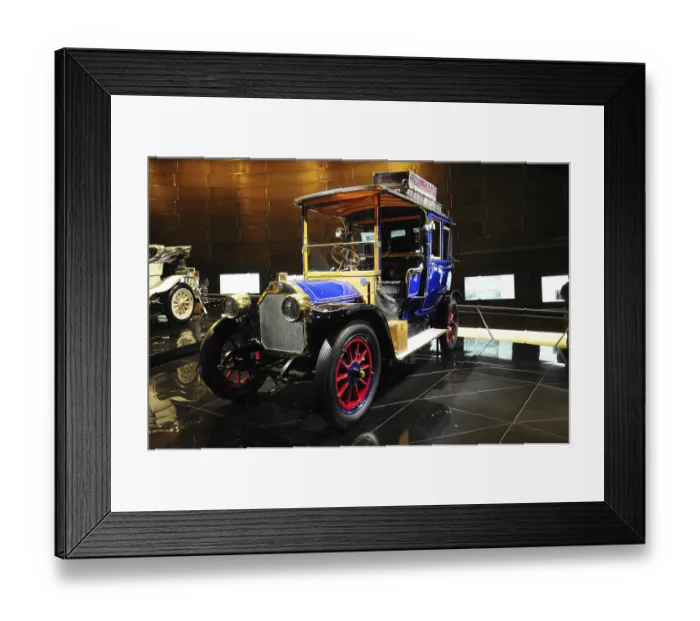 Framed Print : Classic blue vintage Mercedes-Benz car with closed cabin in a car exhibition