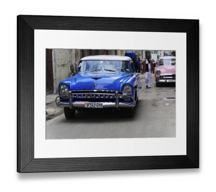 Framed Print : Havana, Cuba, Central America, A blue vintage car parked on a city street
