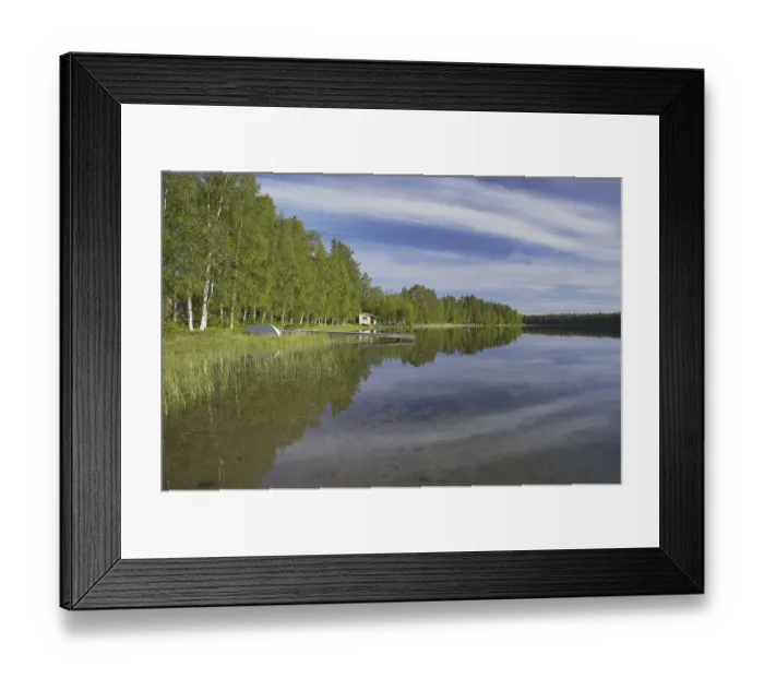 Framed Print : View of summer house and jetty by the lake