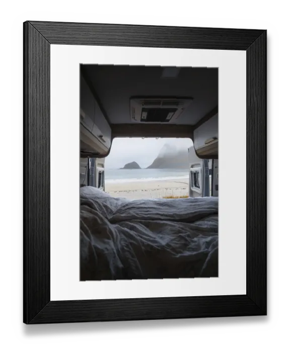 Framed Print : View from the rear of the campervan to beach with turquoise water Framed Print : View from the rear of the campervan to beach with turquoise water