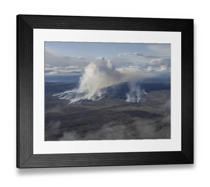 Framed Print : Volcanic eruption, smoke plumes and lava field Framed Print : Volcanic eruption, smoke plumes and lava field