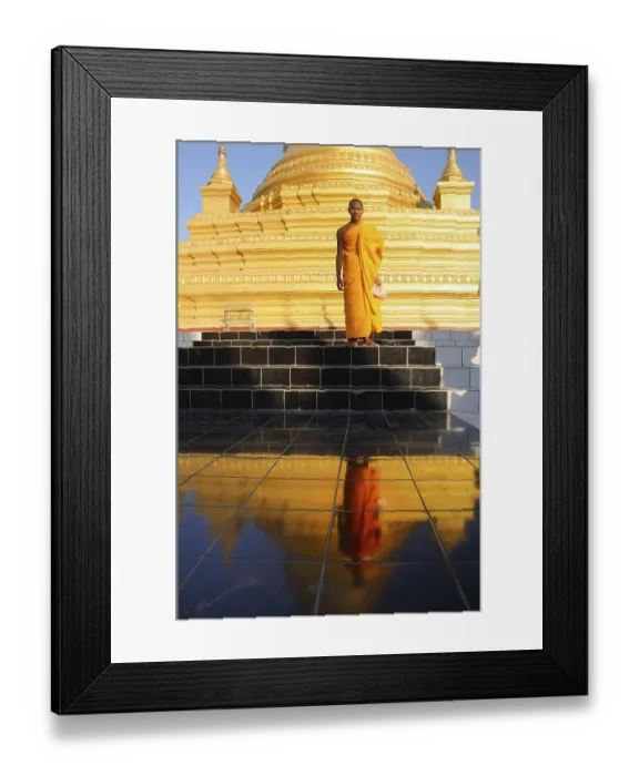 Framed Print : Standing Buddhist monk being reflected in front of the Kuthodaw Pagoda in Mandalay Framed Print : Standing Buddhist monk being reflected in front of the Kuthodaw Pagoda in Mandalay
