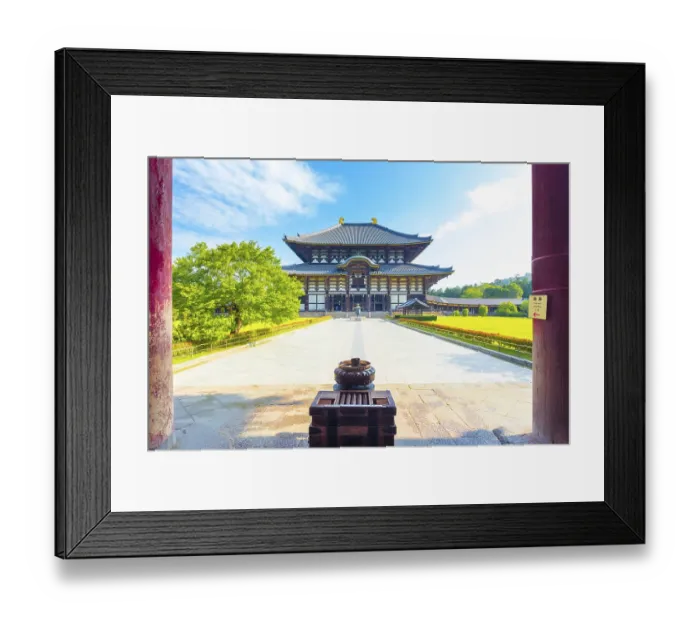 Framed Print : Incense burner and pillars in foreground leading to front facade of the Great Buddha Hall Daibutsuden at Todai-ji Framed Print : Incense burner and pillars in foreground leading to front facade of the Great Buddha Hall Daibutsuden at Todai-ji