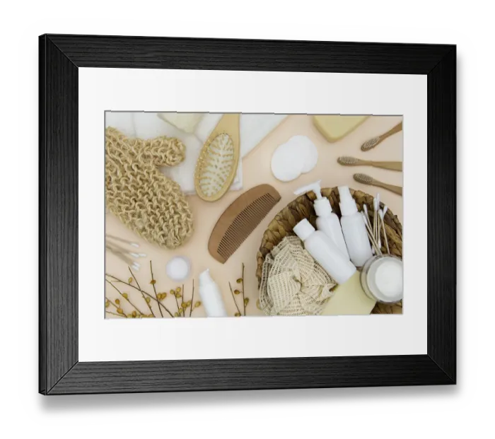 Framed Print : Flat lay bath concept accessories Framed Print : Flat lay bath concept accessories