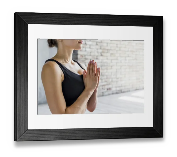 Framed Print : Woman doing namaste yoga pose