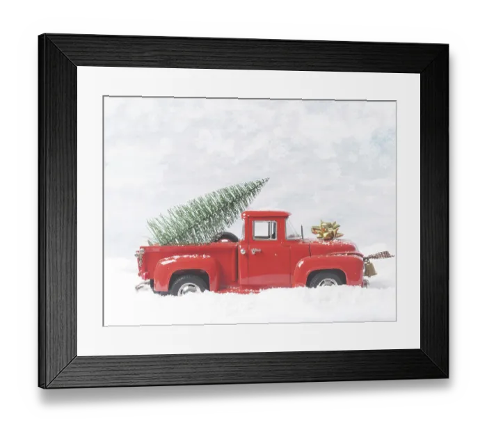 Framed Print : Red vintage pickup truck with a Christmas tree in winter landscape Framed Print : Red vintage pickup truck with a Christmas tree in winter landscape