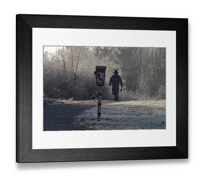 Framed Print : Male walker with dog in park with hoarfrost and emergency phone