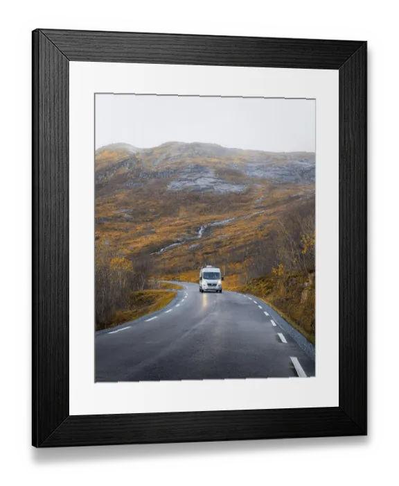 Framed Print : Campervan on a road with autumnal vegetation Framed Print : Campervan on a road with autumnal vegetation