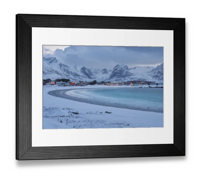 Framed Print : Snowy landscape at sea bay with sandy beach