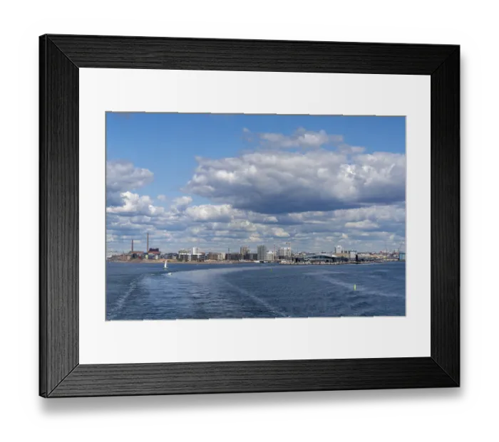 Framed Print : Helsinki, Finland: 5 August, 2021: view of the skyline of downtown Helsinki and the ferry harbor