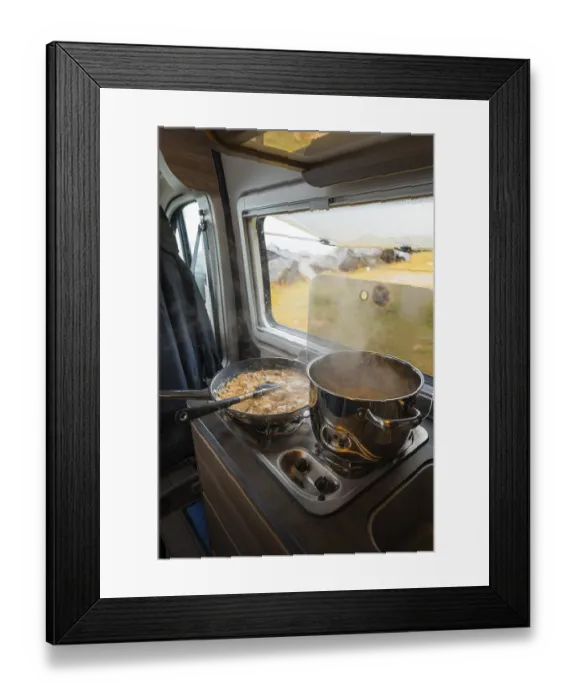 Framed Print : Spaghetti with creamy cream sauce cooked on gas stove in Campervan