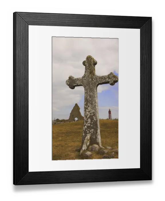 Framed Print : Stone cross in front of ruins of the chapel of saint Britta Bridgit