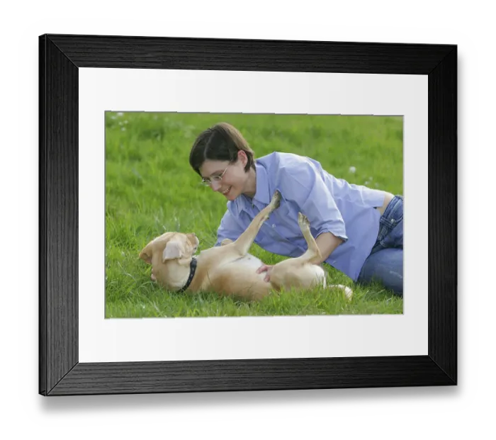 Framed Print : Woman with mixed breed dog Framed Print : Woman with mixed breed dog