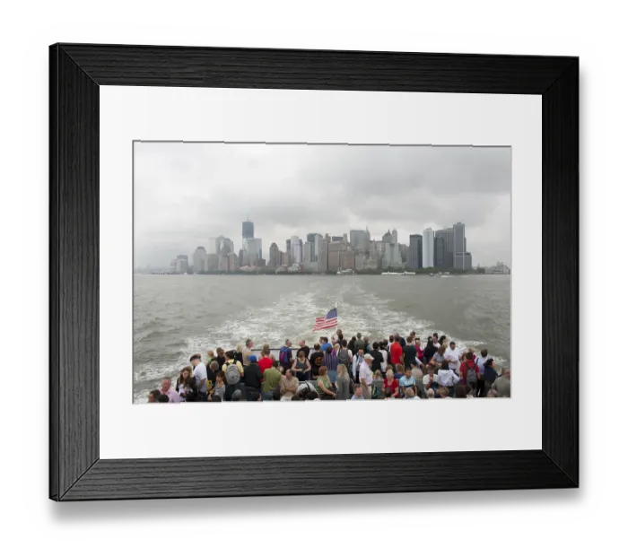 Framed Print : View from a boat with many people over the Hudson River towards the skyline and skyscrapers