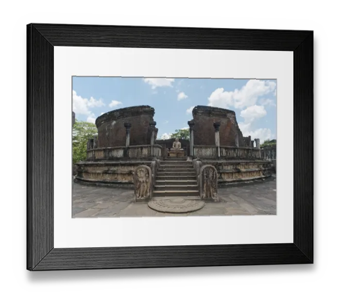 Framed Print : Ruins of a temple with moon stone and a Buddha statue