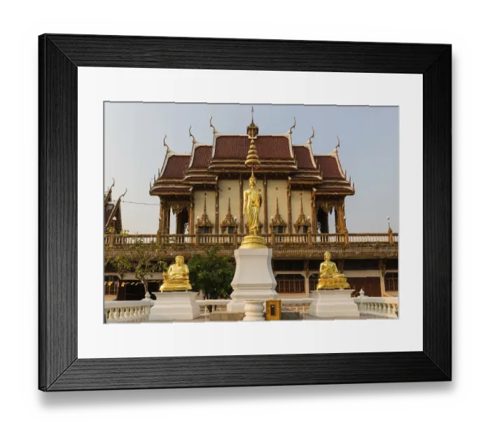 Framed Print : Golden Buddha statues in front of Wat Baan Rai Framed Print : Golden Buddha statues in front of Wat Baan Rai