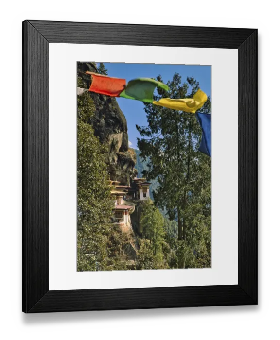 Framed Print : View of Taktshang Monastery through prayer flags Framed Print : View of Taktshang Monastery through prayer flags