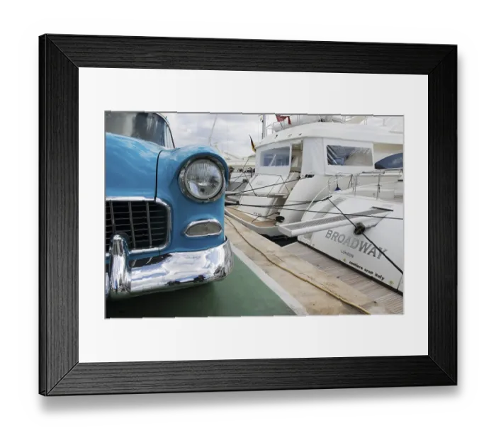 Framed Print : Vintage Chevrolet in front of a luxury yacht called Broadway Framed Print : Vintage Chevrolet in front of a luxury yacht called Broadway