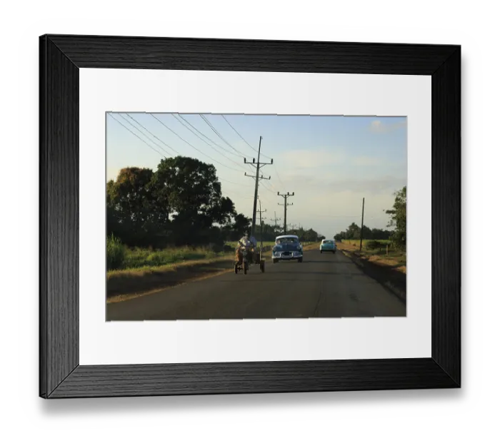 Framed Print : Cuban Highway Scene with old cars and electric wires Framed Print : Cuban Highway Scene with old cars and electric wires