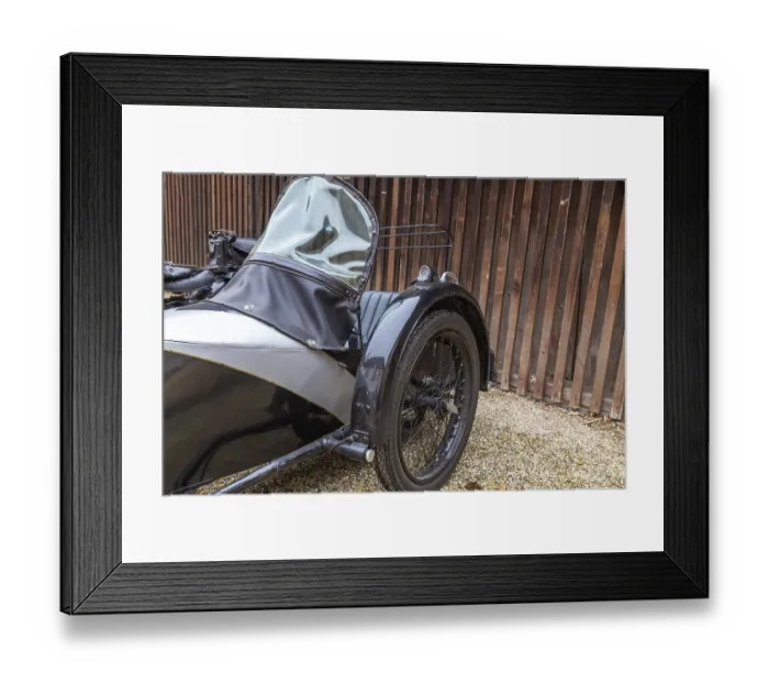 Framed Print : Old sidecar on a motorbike in front of a wooden wall Framed Print : Old sidecar on a motorbike in front of a wooden wall