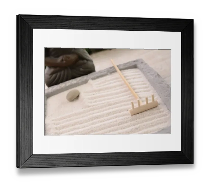 Framed Print : Wooden fork of a small Zen garden