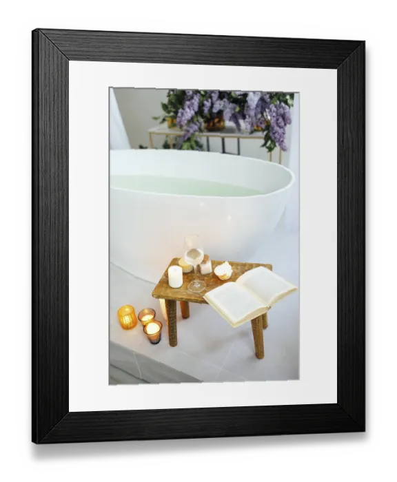Framed Print : Modern bath room and spa center on the white tub wooden table Framed Print : Modern bath room and spa center on the white tub wooden table