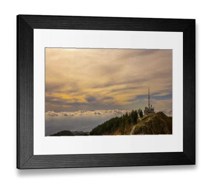 Framed Print : Aerial View over a Beautiful Meteorological and Communication Station with Trees on Mountain Peak
