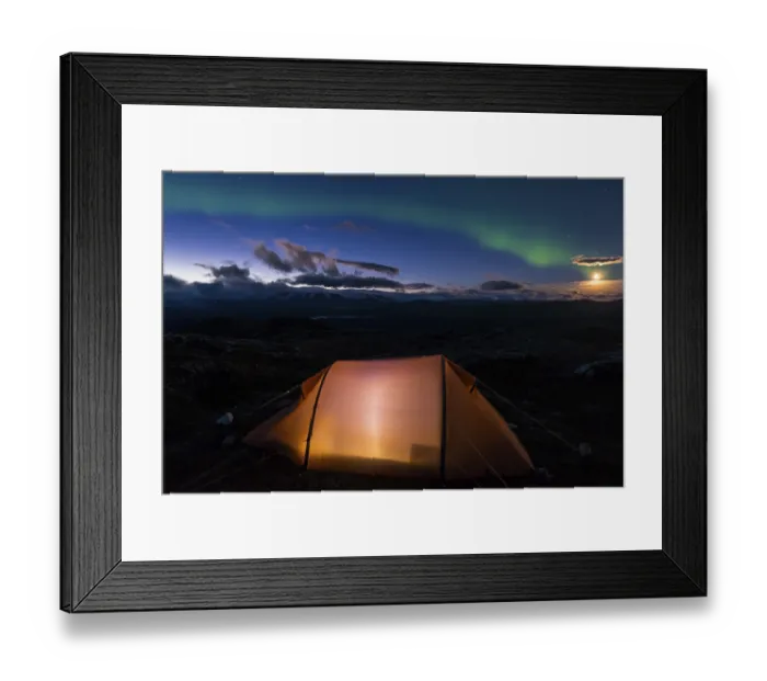 Framed Print : Northern lights and moonlight over an illuminated tent with a view of the Parma massif Framed Print : Northern lights and moonlight over an illuminated tent with a view of the Parma massif